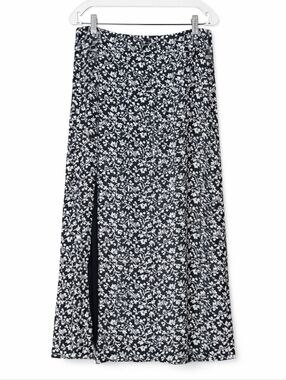 Mauve Anthropologie Black White Ditsy Floral Print Front Slit Lined Midi Skirt